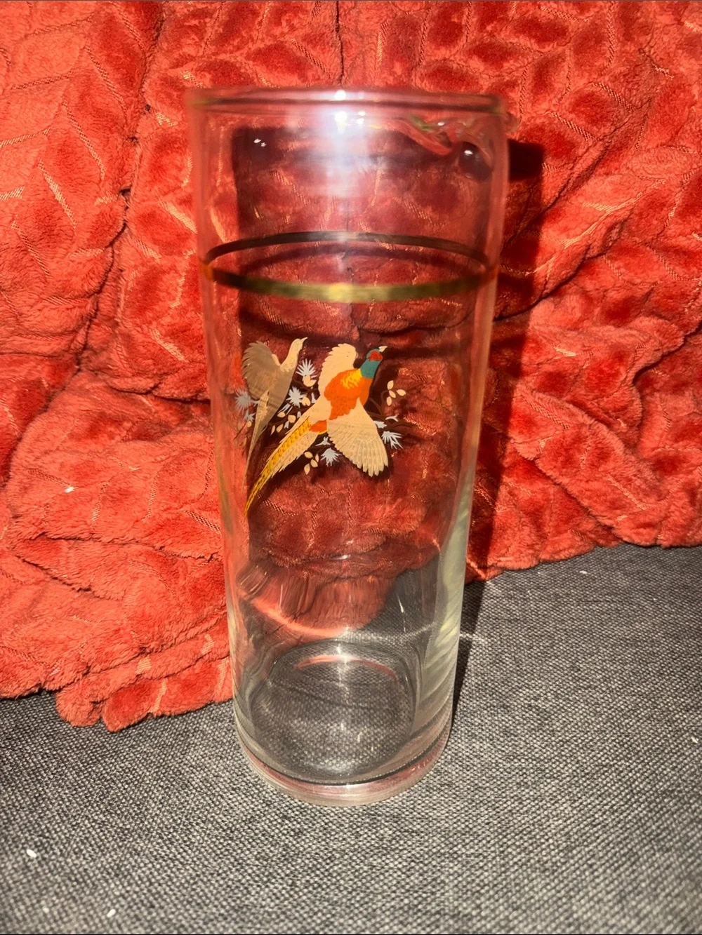 VINTAGE Mid-Century Golden Pheasant Glass Pitcher Barware MCM Gold Rim Hunting L